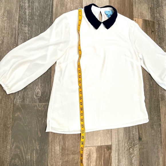 CECE Women's Ivory With Black Eyelet Peter Pan Contrast Collar Blouse Top Small - Picture 6 of 10